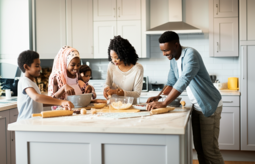 A warm, inviting kitchen scene bathed in soft, natural light. A family of four (mother, father, son, and daughter) are gathered around a kitchen island, all actively participating in making food together. The mother is demonstrating a technique with a mixing bowl, while the father helps the daughter roll dough. The son is excitedly stirring something in a pot on the stove. Everyone is smiling and engaged, creating a sense of joy and togetherness. The food being prepared appears to be Middle Eastern or South Asian inspired, hinting at Halal cuisine.