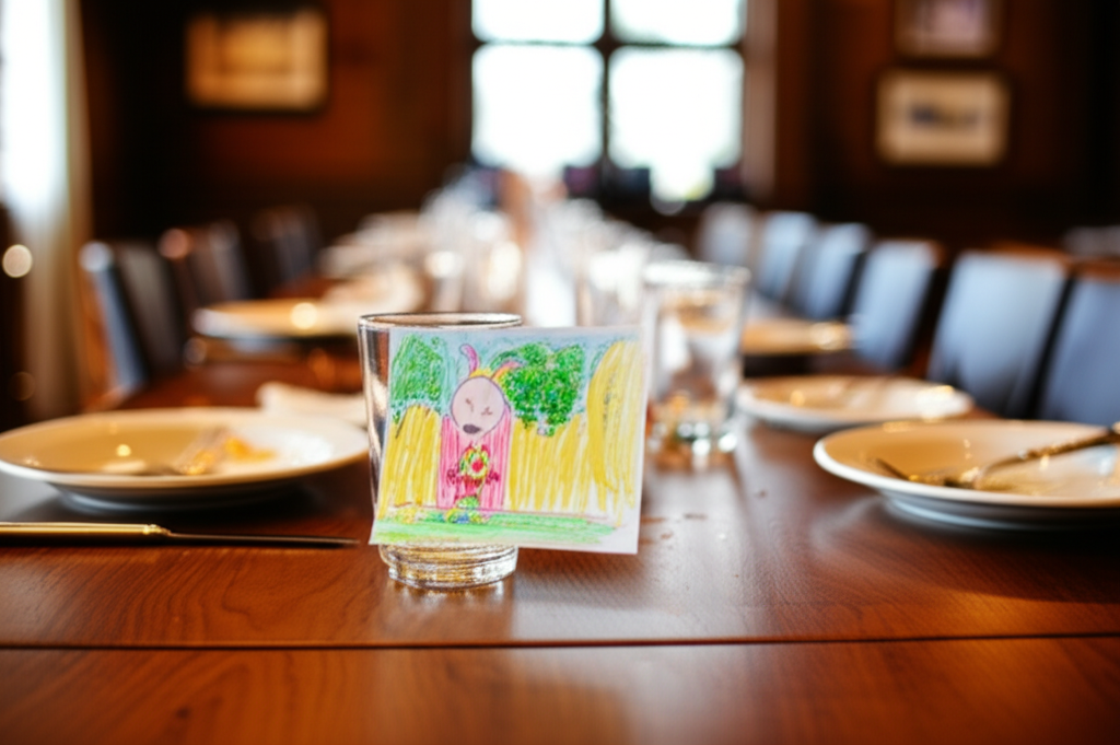 A warmly lit dinner table, slightly out of focus, with empty plates and cutlery scattered casually, suggesting a recent meal.  A small, brightly colored children's drawing is propped up against a water glass in the foreground, slightly off-center.