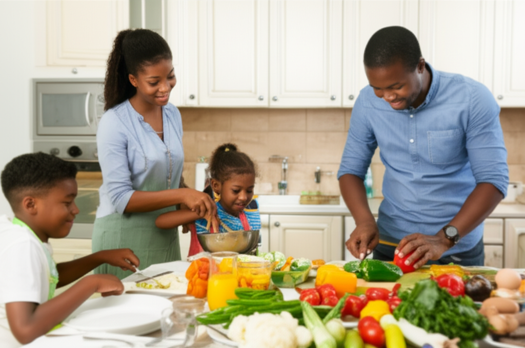 A warmly lit kitchen scene showing a family (mother, father, and two children of varying ages) collaboratively preparing a meal. The mother is helping a younger child stir a bowl, the father is chopping vegetables, and the older child is setting the table with plates and silverware. The scene should convey a sense of togetherness, joy, and shared activity. The food ingredients visible should suggest a halal recipe.