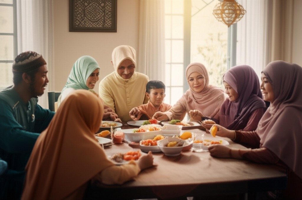 A visually warm and inviting image showing a multigenerational Muslim family gathered around a table, sharing a meal. The focus is on their interaction and expressions of love and connection. The setting could be a cozy dining room with natural light and subtle Islamic decor.