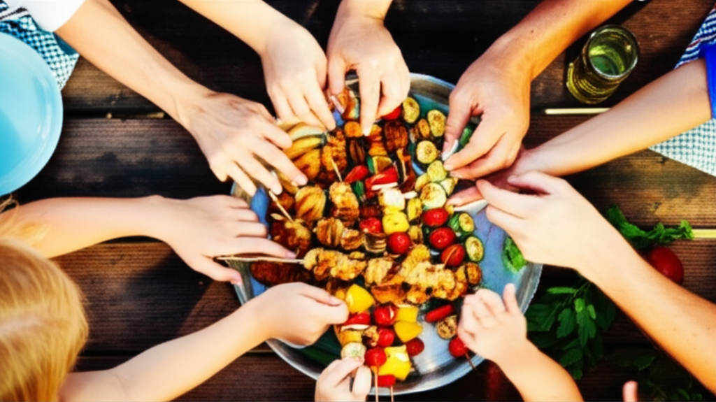 A vibrant, overhead shot of a family (parents and two young children) gathered around a table, their hands reaching for a shared platter of golden-brown chicken skewers and colorful vegetable skewers. The focus is on the warmth and connection in their posture and the inviting look of the food.