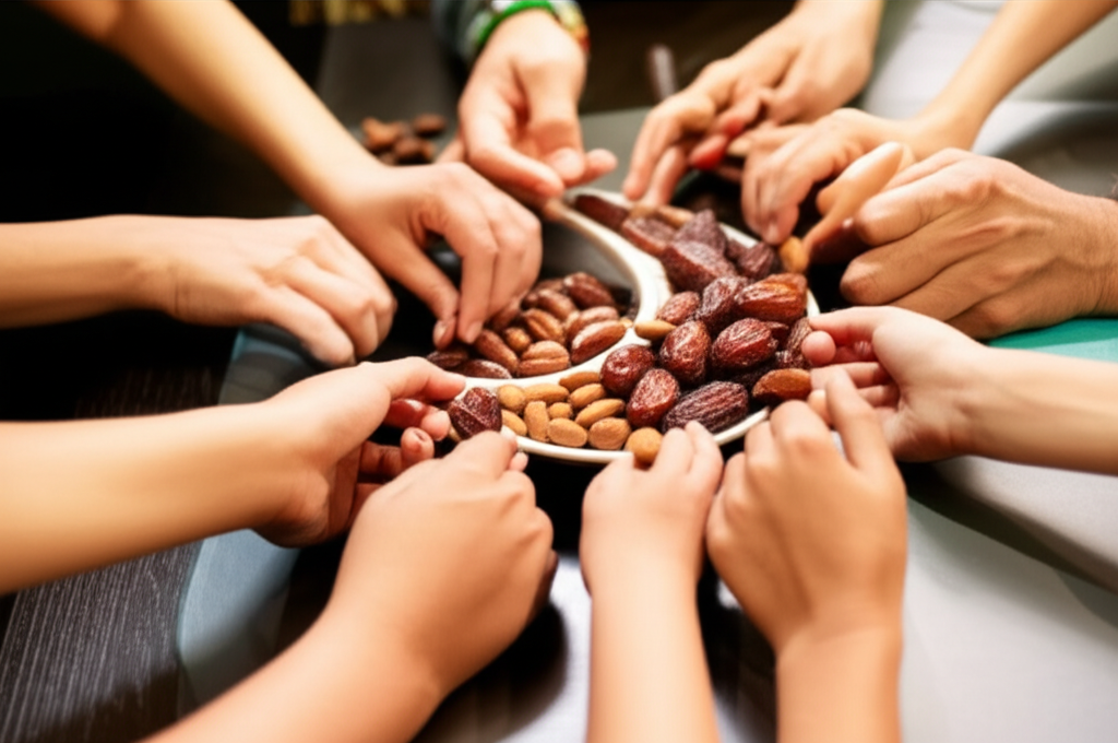A warm, softly lit scene depicting hands of different sizes (suggesting family members) carefully arranging dates and nuts on a plate shaped like a crescent moon.