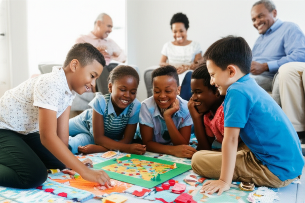 A group of diverse children, of various ages, are joyfully playing a board game together on a colorful rug. Parents or grandparents are smiling warmly and observing them from comfortable seating nearby. The scene should convey warmth, connection, and lighthearted fun.
