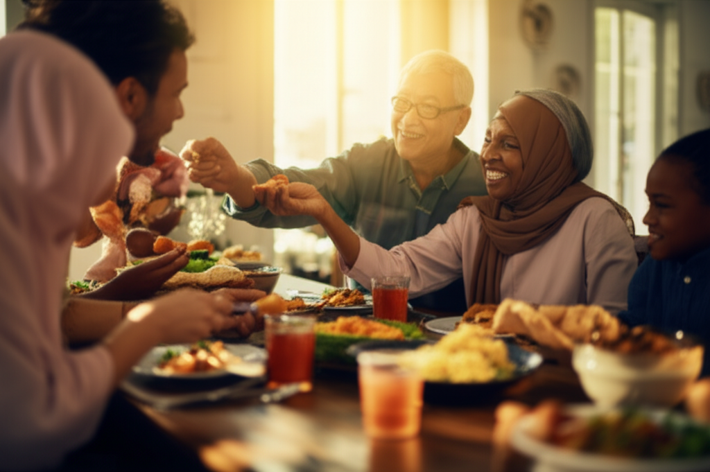 A warm, softly lit image showcasing a diverse family gathered around a table set with a Halal meal. The focus should be on the close interaction and loving atmosphere - perhaps a child laughing as a parent playfully feeds them a bite, or grandparents beaming at their grandchildren across the table. The overall feel should be cozy, intimate, and appreciative.