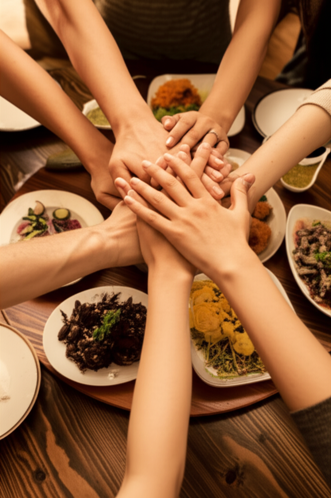 A softly lit image showing a family's hands gently layered on top of each other in the center of a circular dining table. Warm, inviting colours dominate. The table also holds simple, beautiful dishes of food.