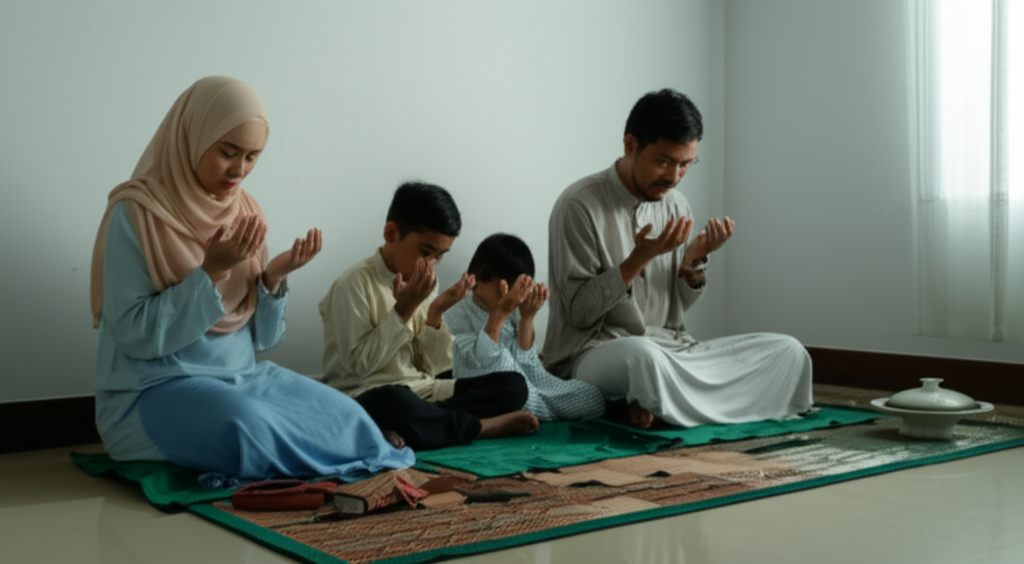 A family (mother, father, and two children) sitting together on prayer mats in a softly lit room after what appears to be a meal. Their hands are raised in supplication, heads bowed respectfully. The atmosphere is peaceful and serene, suggesting a moment of shared reflection and gratitude. A simple, covered dish sits to the side, hinting at the shared meal they just enjoyed.