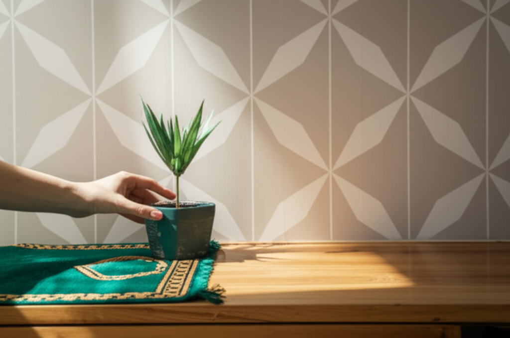 A sunlit room with natural light streaming in, highlighting a clean, minimalist aesthetic. In the foreground, a hand gently places a small potted plant on a wooden shelf next to a neatly folded prayer mat. Subtle geometric patterns adorn the wall in soft, neutral tones.