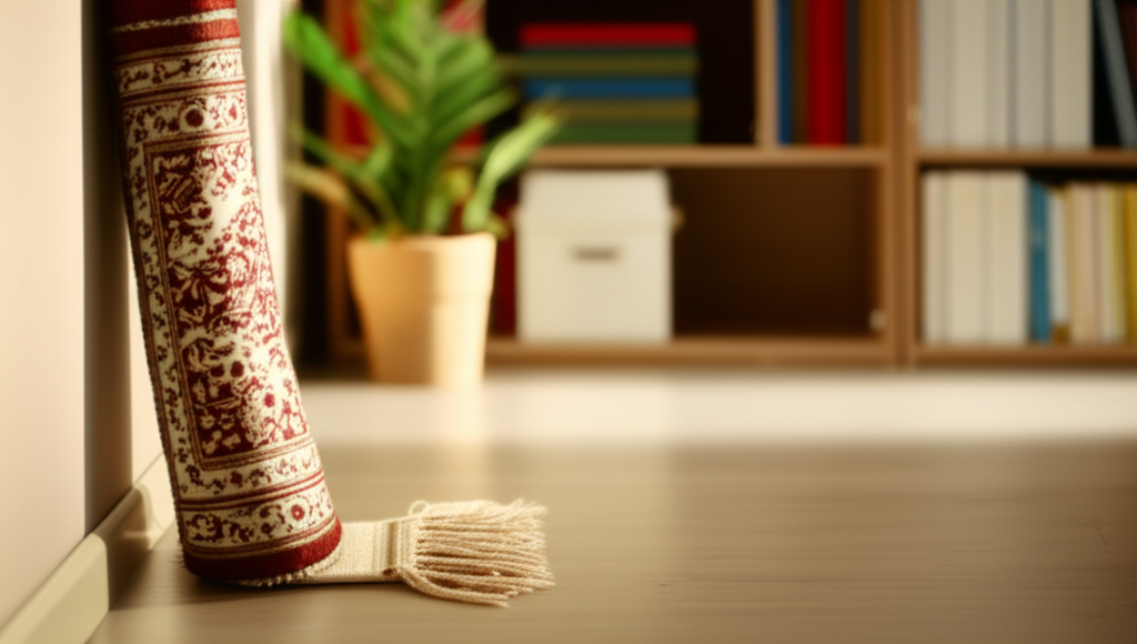 A warmly lit, uncluttered living room corner featuring a prayer rug neatly rolled and placed against a wall, a small potted plant on a clean windowsill receiving soft sunlight, and a closed, neatly organized bookshelf in the background, all conveying a sense of calm and order.