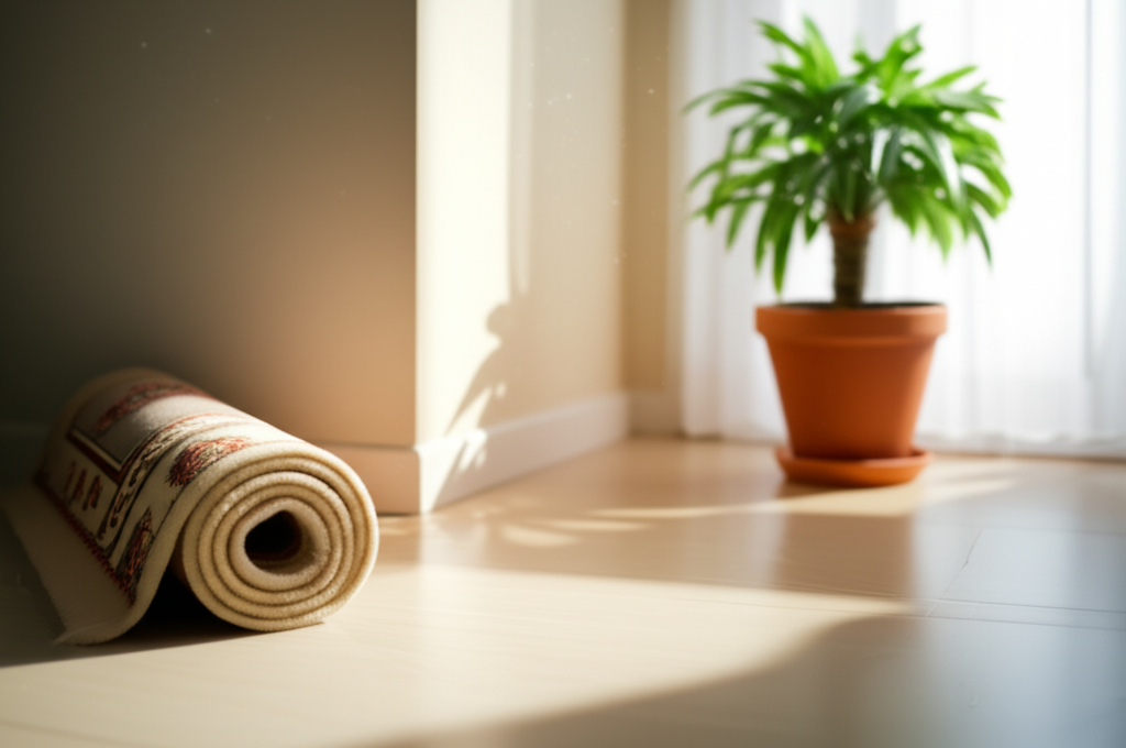 A soft-focus image showing a clean, sunlit corner of a home. There's a prayer rug neatly rolled up, resting against a wall painted in a calming, neutral color. A single, healthy potted plant sits nearby, with dust motes dancing in the light streaming from a window. The overall impression is one of serenity, simplicity, and light.