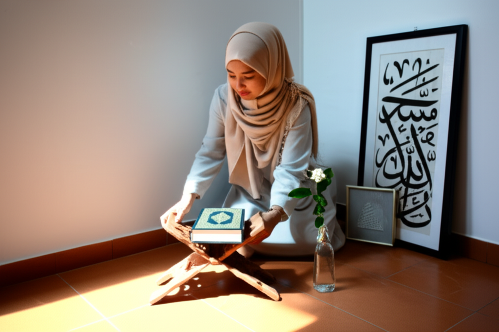 A sunlit corner of a room, freshly decluttered. A woman (Niya) is kneeling, carefully arranging a few favorite items – perhaps a beautiful Quran stand with the Quran resting on it, a small vase with a single, fresh flower, and a carefully chosen piece of Islamic art. The scene conveys peace, order, and mindful curation.