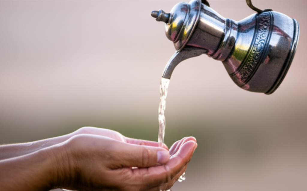 A close-up shot of hands gently pouring water from an *ibriq* (a traditional Islamic water pitcher) over another hand in a ritualistic washing motion. The hands are clean and the water is clear, suggesting purity and cleanliness.