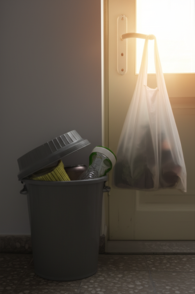 A single, overflowing trash can in the bottom corner, with a clear, empty reusable shopping bag hanging on a nearby doorknob, subtly illuminated by a warm, inviting light shining from a window.
