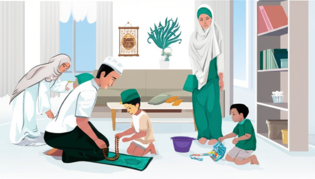 A brightly lit, minimalist living room scene featuring a Muslim family (parents and one child) engaged in a calm and organized activity. The focus is on the orderliness of the room. For example, the father might be carefully placing prayer beads on a small, designated prayer rug, the mother neatly arranging books on a shelf, and the child playing quietly with a few, well-chosen toys in a designated play area. The room itself is clean, clutter-free, and decorated with simple, tasteful Islamic art.