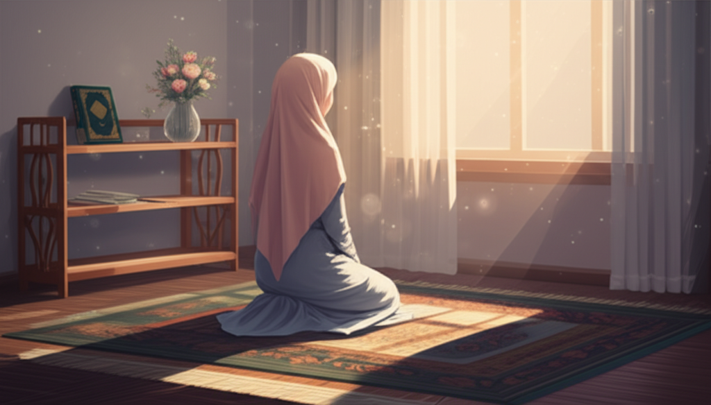 A softly lit corner of a room. A Muslim woman is kneeling on a prayer rug facing a window. Sunlight streams in, illuminating dust motes dancing in the air. A simple wooden bookshelf with a Qur'an and a vase of flowers sits nearby. The overall feeling is serene and calm.