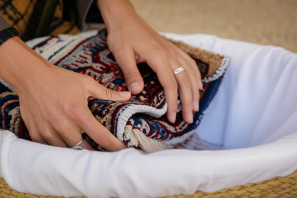 A close-up, hands gently placing a worn-out prayer rug into a natural fiber basket lined with clean, white cloth. The hands are adorned with a simple silver ring, suggesting respect and care.