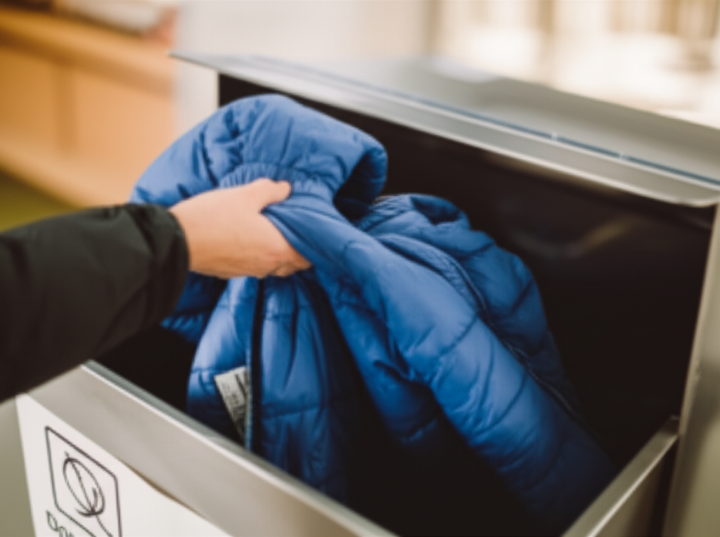 A warmly lit, slightly blurred image of a hand placing a gently used, clean child's winter coat (with a visible but unobtrusive brand tag) into an open donation bin. The bin itself is simple and clean, partially visible, with an obscured logo, implying community donation. Focus is on the hand and the coat.