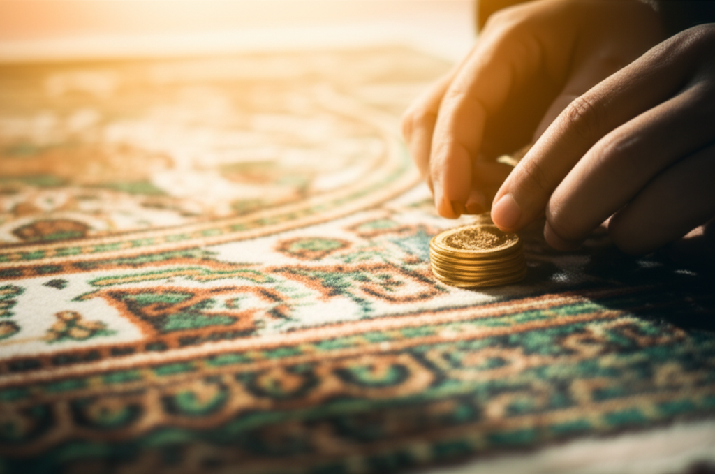 A close-up of hands carefully placing a small, intricately designed gold coin (or a stack of small coins) onto a prayer rug with subtle Islamic geometric patterns. The light should be warm and golden, emphasizing the richness of the gold and the feeling of reverence and security.