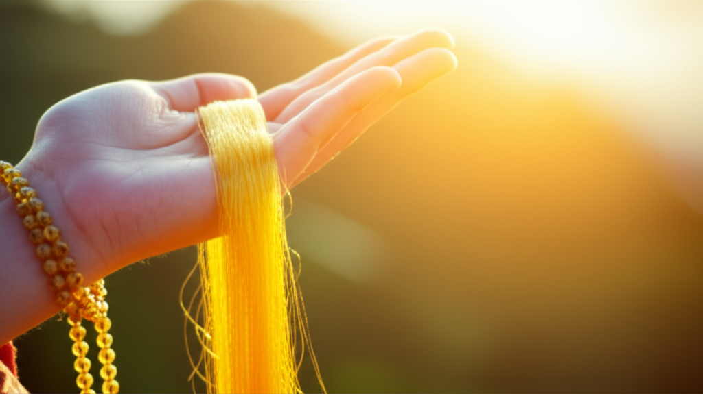 A sunlit hand gently holding a few strands of pure gold threads, with prayer beads subtly draped over the wrist, subtly suggesting both spiritual peace and financial security.