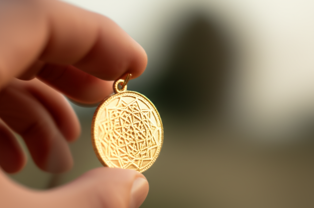 A close-up of a hand gently holding a small, intricately designed gold coin or pendant that incorporates a subtle Islamic geometric pattern. Light is reflecting off the gold, highlighting its richness and detail. The background is soft and slightly blurred, suggesting a peaceful and secure environment.