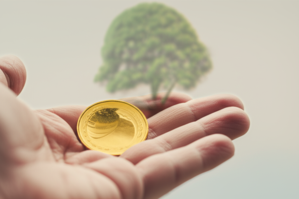 A hand gently holding a single, gleaming gold coin. The coin reflects a soft, blurry image of a mosque dome, signifying Islamic principles, while the background shows a faint outline of a flourishing tree, symbolizing ethical growth and sustainability.