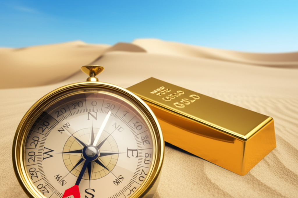 A single, ethically sourced gold bar resting on a compass, with the compass needle pointing towards the horizon. The background is blurred and suggests a scene of rolling sand dunes under a bright, clear sky.