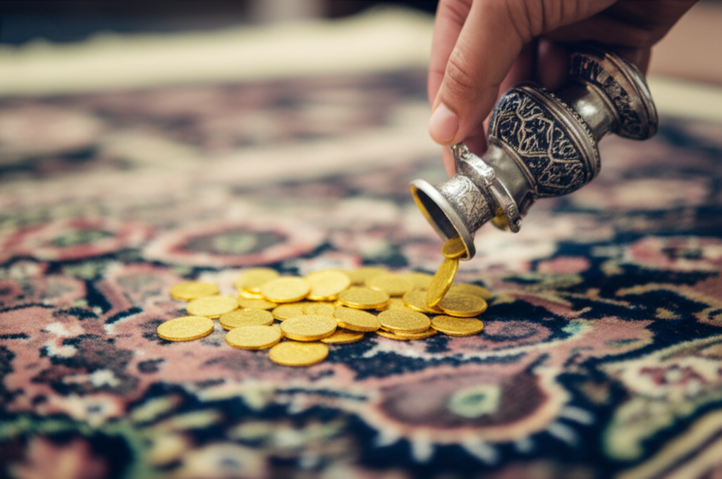 A close-up of a hand gently pouring gold coins from a small, intricately designed Islamic-style vessel onto a soft, textured prayer rug.