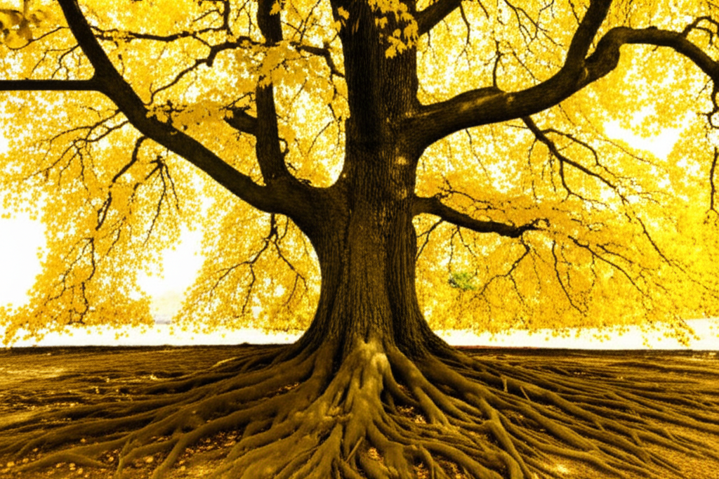 A mature tree with deep roots visible in the earth. The leaves on the tree are gold, and around the base of the tree, the soil is visibly fertile and healthy.