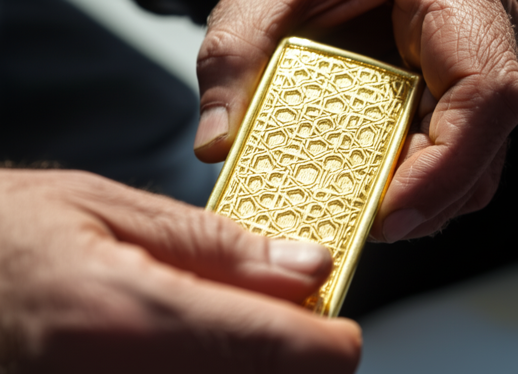 A close-up image of a goldsmith's hands carefully examining a gold bar with traditional Islamic geometric patterns subtly embossed onto its surface. The hands are weathered but meticulous, conveying expertise and care. Light shines softly, highlighting the gold's purity and the detail of the geometric patterns.