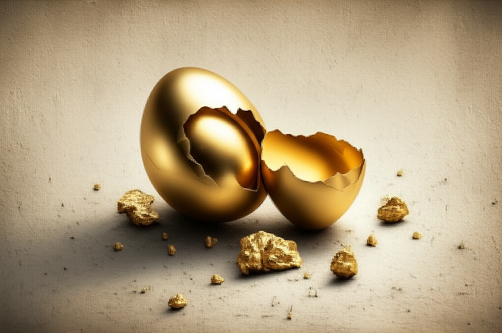 A cracked golden egg, with a few small pieces of gold nuggets scattered around it on a textured, neutral-colored surface.