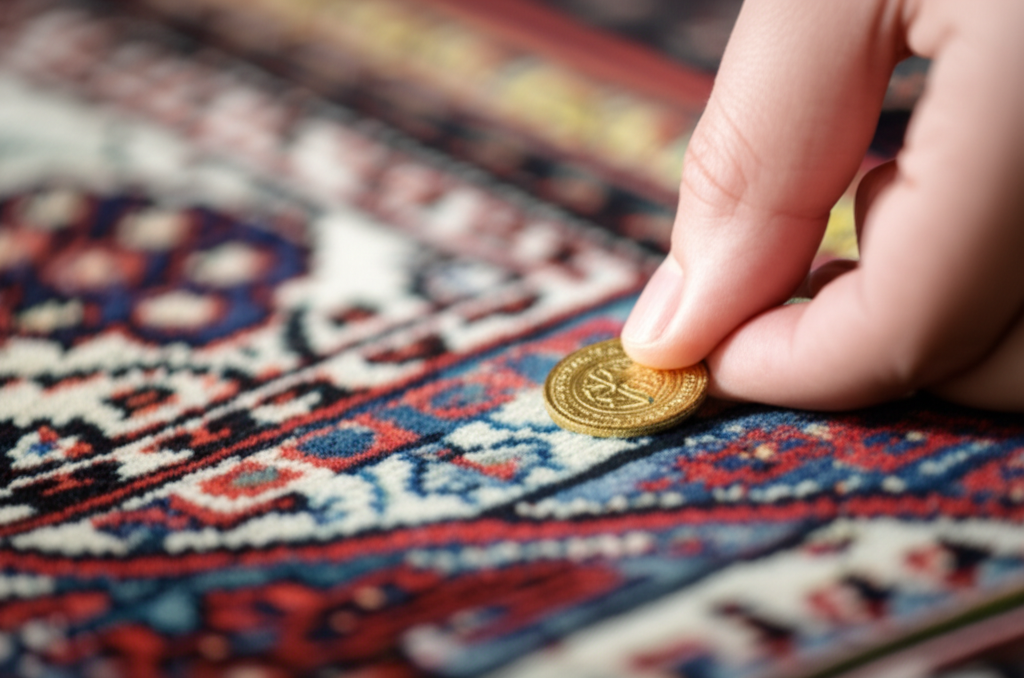 A hand delicately placing a small, intricately designed gold coin onto a woven prayer rug.