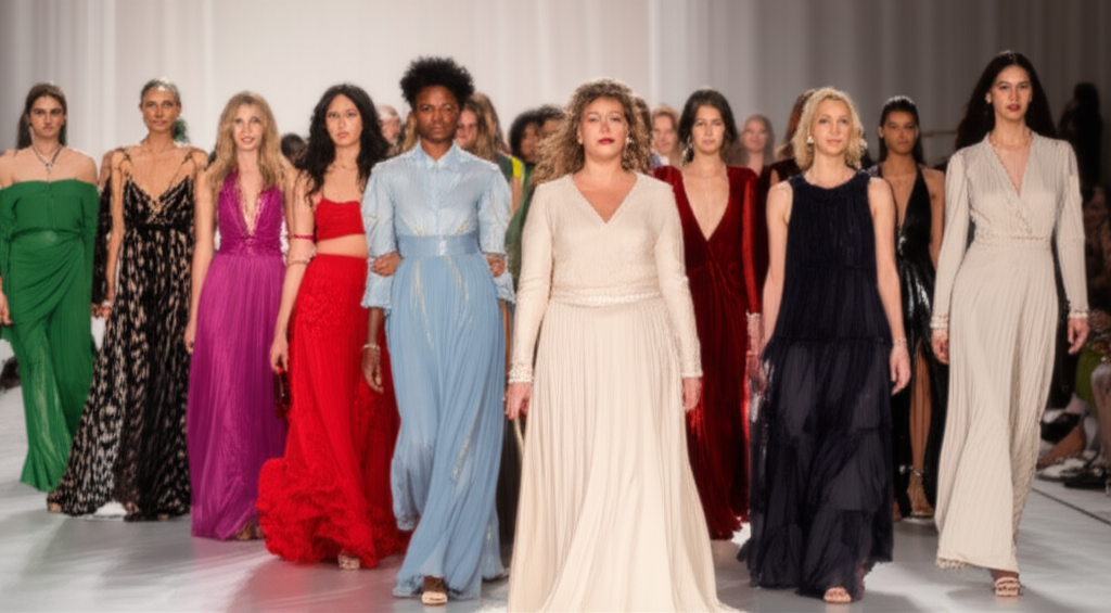 A diverse group of women, representing various ethnicities and ages, confidently walking towards the viewer on a runway bathed in soft, warm lighting. Their clothing showcases a range of modest styles suitable for different occasions - from casual daywear to elegant evening attire - all featuring flowing silhouettes and rich textures. The background is subtly blurred, hinting at a glamorous event.