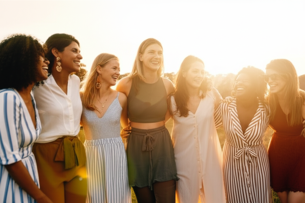 A close-up shot of a diverse group of women (different ethnicities, ages, and styles) laughing and talking together, all dressed in different modest fashion outfits, bathed in warm, golden sunlight.