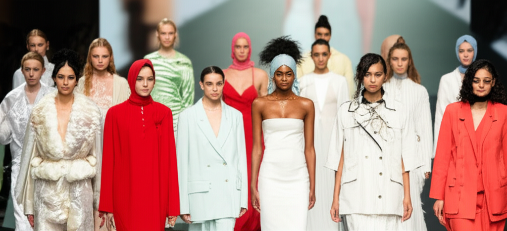 A vibrant, high-angle shot of a diverse group of models, each wearing a distinct outfit that represents a different aspect or trend within Modest Fashion Week 2025. The models should be positioned in a visually appealing, slightly asymmetrical arrangement, radiating confidence and representing various ages, body types, and ethnicities. Their outfits should showcase a range of textures, colors, and silhouettes, subtly hinting at the variety and innovation within the modest fashion scene. The background should be clean and uncluttered, perhaps a blurred out abstract of a runway show or a studio setting, keeping the focus entirely on the clothing and the models.