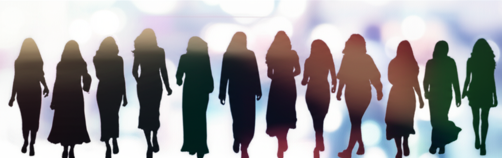 A diverse group of women are laughing and confidently striding forward, silhouetted against a bright, blurred background that suggests a city street or bustling event. Their modest attire is distinct in style and colour, showcasing variety (flowing dresses, pantsuits, skirts and tops combinations, headscarves) but shares a common thread of effortless elegance and joy.