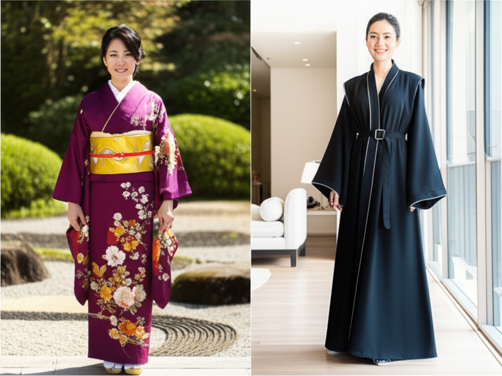 A split-screen image. On one side, a woman in a vibrant, silk kimono with intricate floral embroidery. On the other side, a woman in a flowing, modern abaya with clean lines and subtle Western-inspired tailoring details like a belted waist or structured shoulders. Both women are standing in visually appealing, yet minimalist, settings that reflect their cultural origins (e.g., a traditional Japanese garden or a modern, minimalist apartment). Both are confidently smiling.