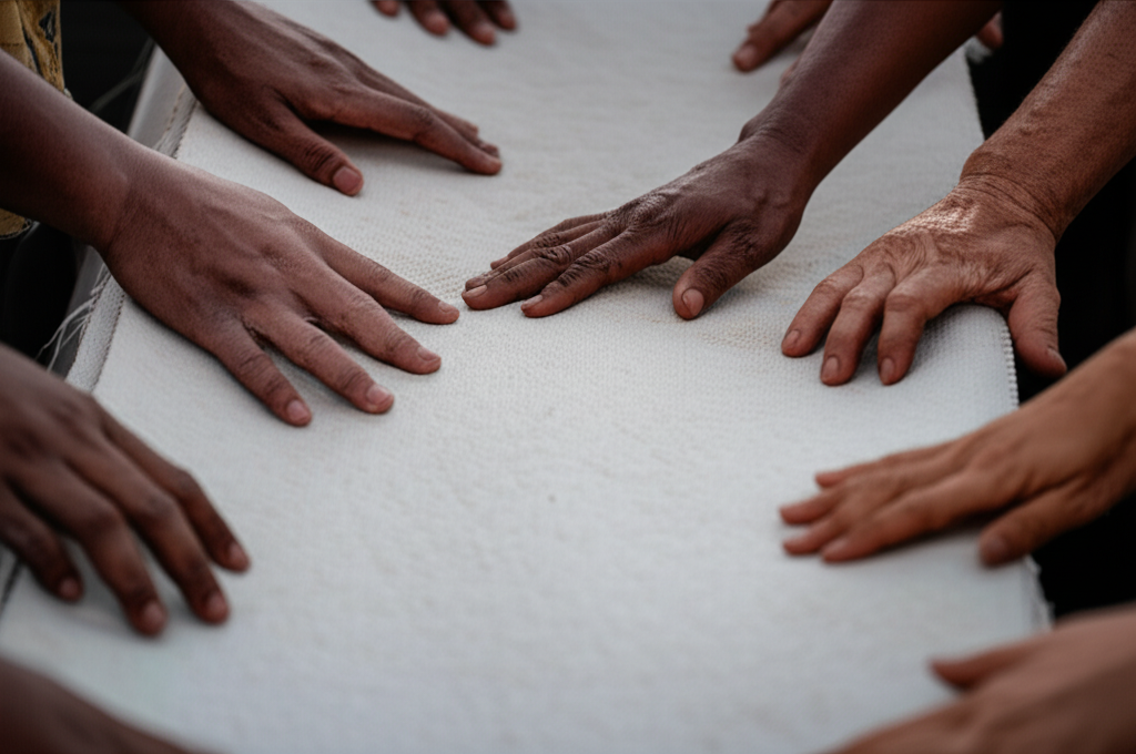 A close-up shot showcasing a diverse group of hands (various skin tones, ages implied by details like wrinkles or smooth skin) carefully handling natural, undyed fabric. The focus is on the texture of the fabric and the collaborative, delicate nature of the work.