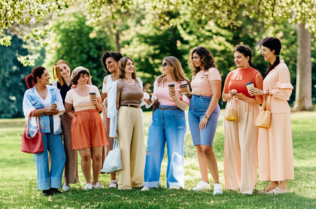A diverse group of women of varying ages, ethnicities, and body types, casually gathered outdoors in a park or garden, all wearing stylish and modest outfits suitable for everyday life (running errands, meeting friends, picnicking). The clothing features a range of silhouettes and colours, emphasizing comfort and practicality without sacrificing style. Some women interact with each other naturally, some hold everyday objects like a reusable shopping bag or a coffee cup, adding to the relatable and accessible feel.