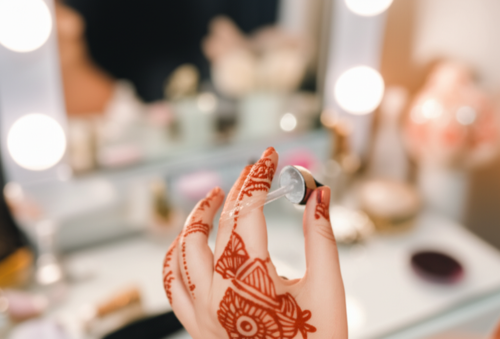 A hand, adorned with a delicate henna design, gently applying a small amount of glowing, translucent skincare serum onto a smooth, flawless cheek. The background is blurred but suggests a luxurious dressing table with soft, diffused lighting.