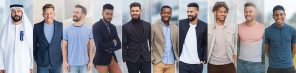The image should show a diverse group of men, of varying ages and ethnicities, casually posed and smiling, all wearing stylish yet modest menswear appropriate for different activities: one in a well-fitting thobe with modern design details, one in a tailored suit with a high neckline and longer jacket, one in a smart casual outfit with a button-down shirt, chinos, and a light jacket, and one in comfortable athleisure wear featuring modest cuts and breathable fabrics. The backdrop should be a blurred cityscape suggesting a global context.