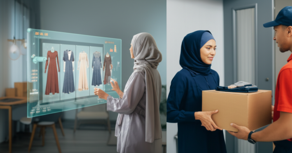 A split-screen showing two scenarios: on one side, a woman wearing a hijab is virtually 
