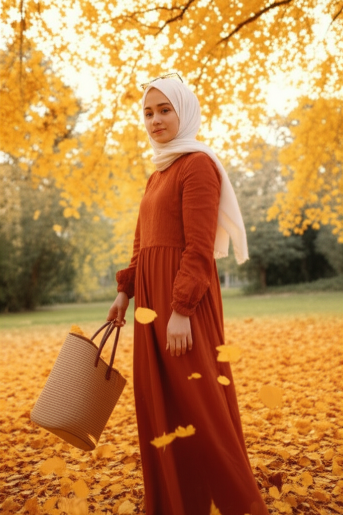 An autumn scene featuring a woman wearing a long, flowing, rust-colored dress and a cream-colored hijab. She's standing in a park with golden leaves falling around her, holding a woven tote bag. The overall feeling is warm, inviting, and stylishly understated.