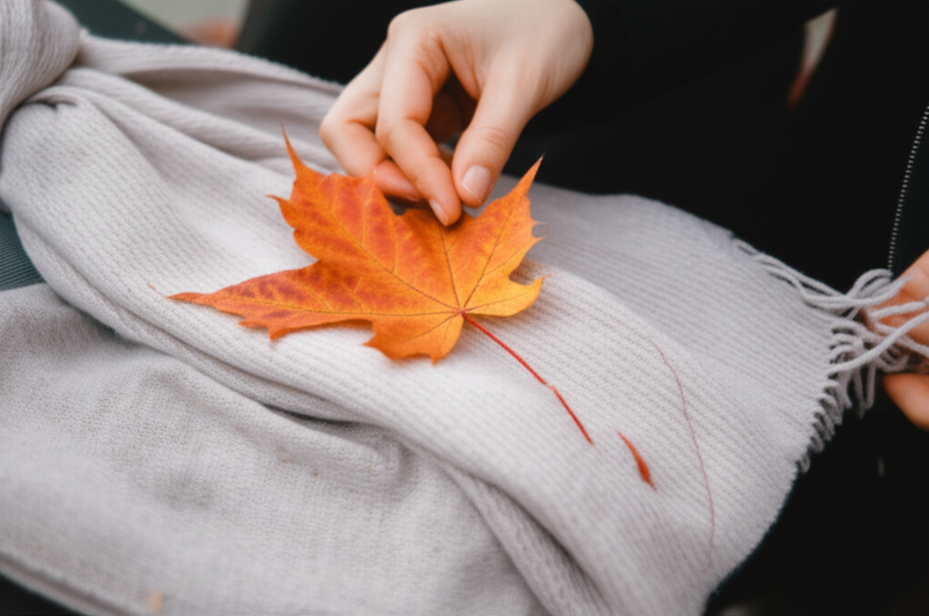 A close-up shot of hands delicately arranging a fallen autumn leaf onto a neatly folded, neutral-toned scarf, suggesting a beautiful, natural closure to the stylish choices presented.