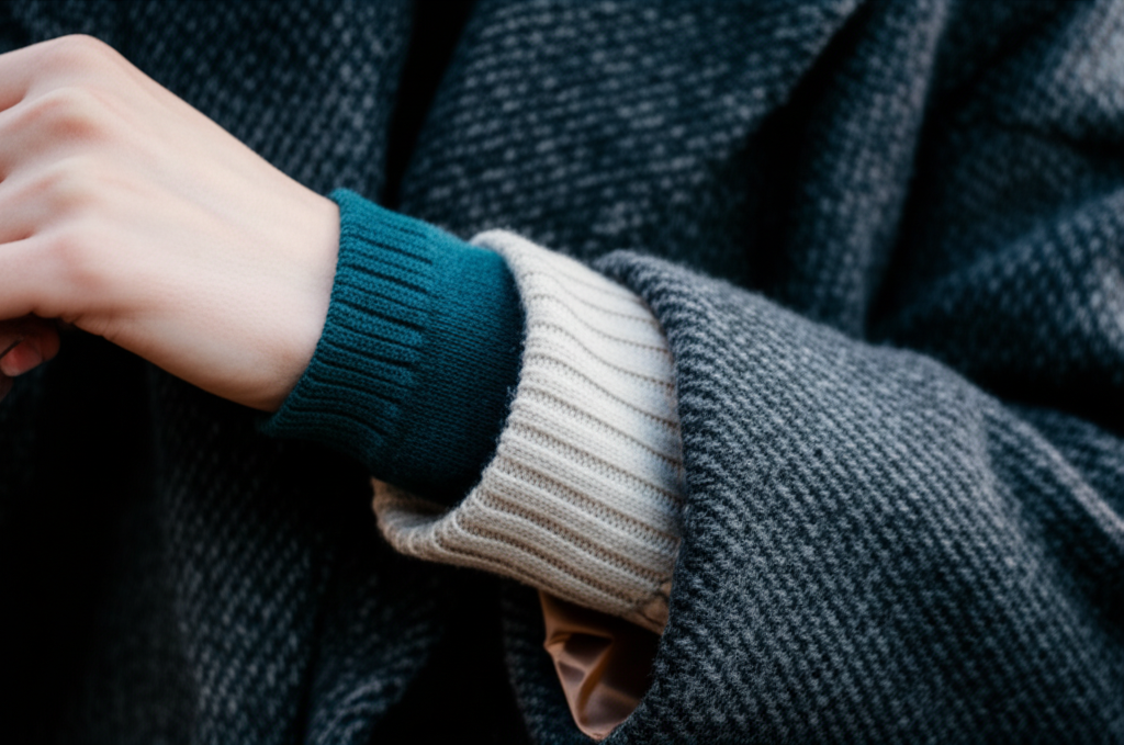 A close-up shot focusing on the textures and colors of layered clothing. Imagine a woman's arm, from wrist to elbow, adorned with several layers: a fine-knit, jewel-toned turtleneck sleeve peaking from underneath a slightly looser, cable-knit sweater sleeve in a neutral tone, and then the cuff of a longer, slightly oversized, textured wool coat sleeve in a complementary color. The shot should emphasize the rich materials and color coordination.