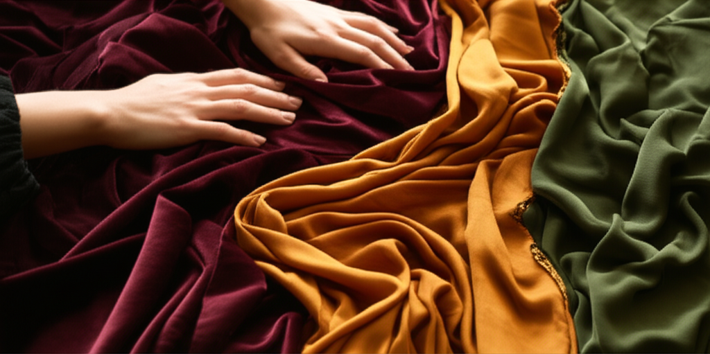 Close-up shot of hands gently sifting through a pile of luxuriously draped fabrics in autumn colors (burgundy, olive green, burnt orange, mustard yellow). The fabrics should appear soft, flowing, and have textures like velvet, silk, or wool. Focus on the movement and interplay of light and shadow on the fabric folds.