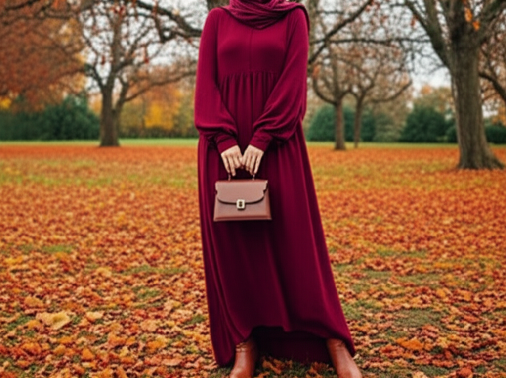 A woman wearing a long-sleeved, flowy maxi dress in a deep autumn color (like burgundy, forest green, or mustard yellow) stands in a park setting. She is wearing a coordinating headscarf and ankle boots. The background features fallen leaves and slightly bare trees, suggesting cooler weather. She holds a small, stylish handbag.