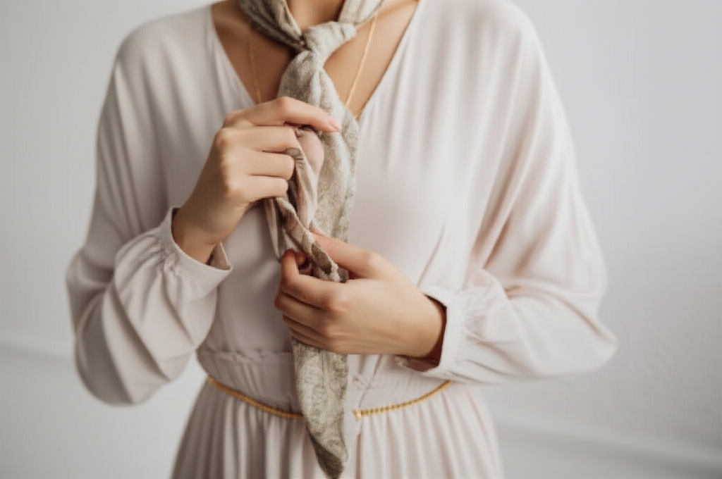 A close-up shot of a woman's torso and hands, subtly blurred from the mid-chest up. She is wearing a plain, long-sleeved neutral colored dress or tunic. Her hands are delicately adjusting a patterned silk scarf tied elegantly around her neck, allowing some of it to drape down her front. A simple, thin gold chain necklace peeks out from under the scarf near her neckline, and a thin gold belt cinches her waist, creating a defined silhouette over the loose-fitting garment. The overall feel is one of understated elegance and considered detail.