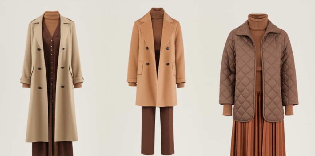 A visually appealing arrangement of three different outerwear options (a long trench coat, a tailored wool coat, and a quilted jacket) displayed on mannequins. Each outerwear piece is styled over a different outfit that adheres to modest fashion principles (long sleeves, covered neckline, flowing silhouette). The color palettes of the outfits and outerwear should be harmonious, reflecting autumnal tones. The background is a neutral color, providing a clean and modern feel.