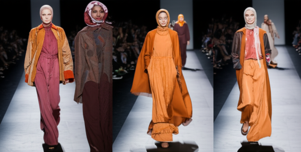 A runway shot featuring three models of diverse ethnicities walking side-by-side. Each model is wearing a completely different autumn-toned outfit that incorporates various hijab styles and modest clothing designs, clearly reflecting distinct runway trends while maintaining full coverage.