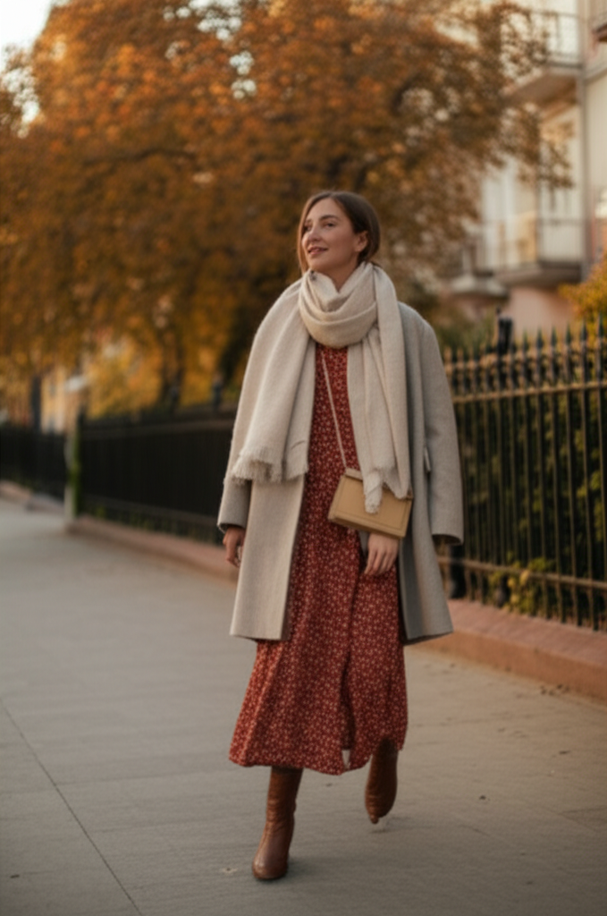 A woman walking down a city street on a crisp autumn day. She's wearing a long, flowing midi dress in a warm, earthy tone (like terracotta or burnt orange). The dress has a subtle print or texture. She's layered a tailored, knee-length wool coat over it in a complementary neutral color (like cream or camel). Her accessories include a stylish, oversized scarf loosely draped around her neck, comfortable ankle boots, and a minimalist crossbody bag. The overall feel is effortlessly chic, comfortable, and covered. The sunlight is soft and golden, highlighting the textures of the fabrics and the colors of the autumn leaves on the trees lining the street.