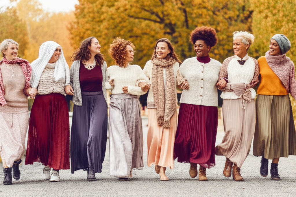 An image showing a diverse group of women, each styled in different modest autumn outfits, walking together in a park with colorful fall foliage. Each woman is wearing something unique, showcasing various styles and textures like knitted sweaters, flowing skirts, layered outfits and scarves, with their faces visible and smiling. The image should evoke a sense of community and style, and natural light, rather than artificial lighting, should be used.